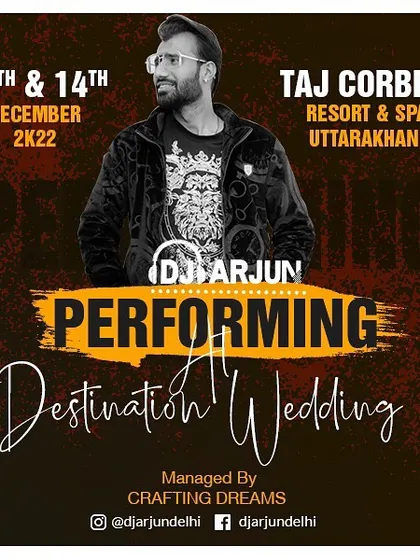 A destination wedding poster for a two-day event at Taj Corbett Resort in Uttarakhand. I am experienced in managing multi-day wedding celebrations in beautiful resort locations.
