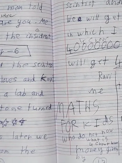 Another page from Vishvesh's story, complete with his own calculations! It’s a brilliant example of how reading fuels creativity across all subjects.