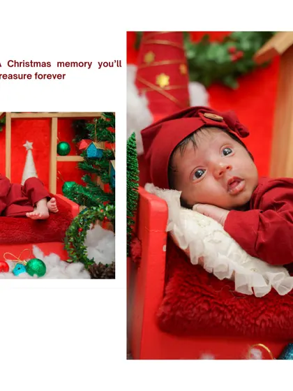 "A Christmas memory you'll treasure forever." This image highlights the baby's curious expression, making for a heartwarming holiday photo.