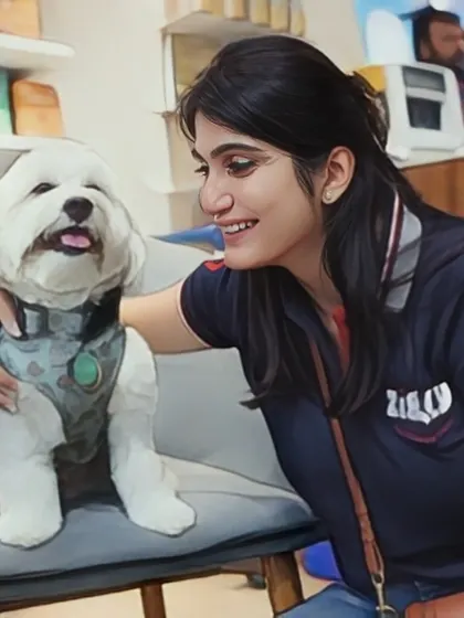 A beautiful, animated portrait of a team member sharing a smile with a fluffy white dog.