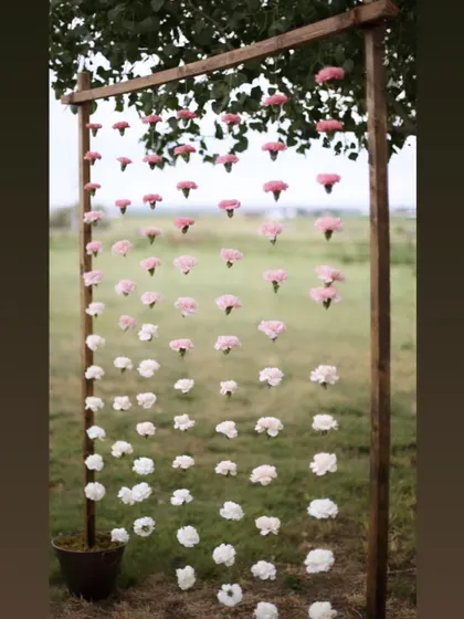 An ombre string of carnations hanging from a wooden frame. This makes for a beautiful and simple photo backdrop for an outdoor event.