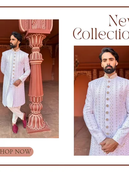 A promotional image for our new collection, featuring our elegant white sherwani. We can create a similar custom piece for your special day.