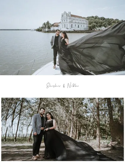 This collage showcases the versatility of a Goa pre-wedding shoot, moving from the open water to a serene forest setting.