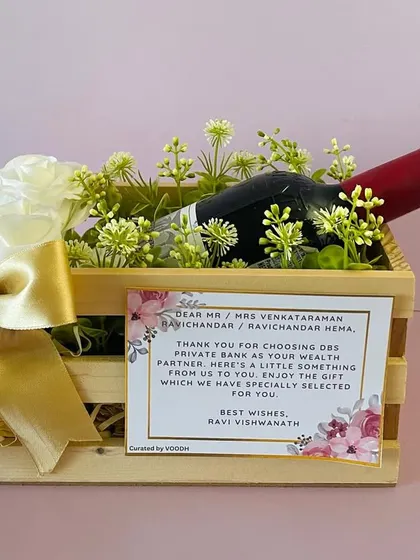 We create gifts for high-value clients, like this wine hamper for a wealth partner of DBS Private Bank, which includes a professionally printed, personalized message.