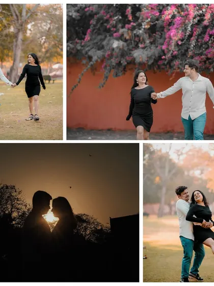 A collection of candid moments in a park setting. From a romantic silhouette against the sunset to a playful dip, this collage captures the couple's natural interactions.