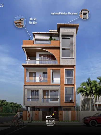 This render highlights the key features of the 30x40 modern vernacular home, including the plot size and the horizontal window placements. It shows our ability to create distinctive designs on compact urban sites.