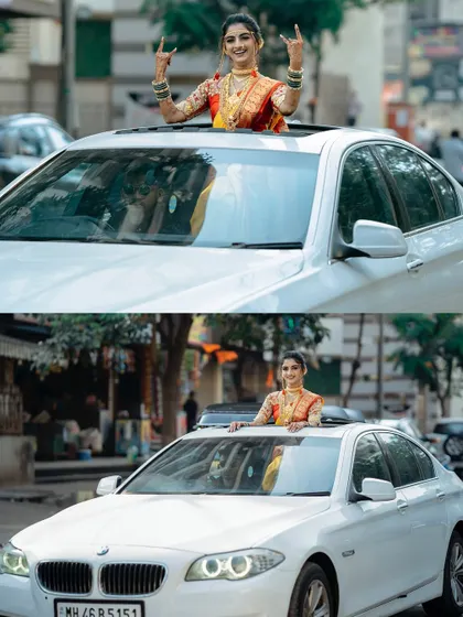 A modern 'navri' with a twist. The bride pops out of the sunroof of her car, full of energy and excitement, ready for her big day.