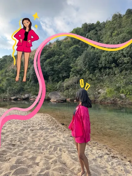 A bright pink outfit deserves a bright pink cartoon. I love matching the energy of the photo with the illustration style.