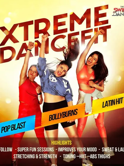 Get ready for Xtreme Dancefit. This poster highlights our three main fitness styles: Popblast, Bollyburns, and Latinhit, all designed to be easy to follow and super fun.