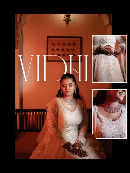 A collage of the bride's portraits in her elegant white Sangeet lehenga. It showcases her graceful poses and the intricate details of her outfit.