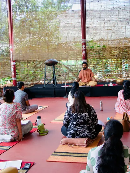 I guide a session at our beautiful retreat center. The natural surroundings enhance the healing experience, allowing for deeper immersion and connection.