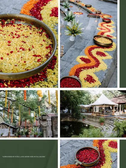 A collage of the vibrant floral decorations and venue details from a traditional wedding.