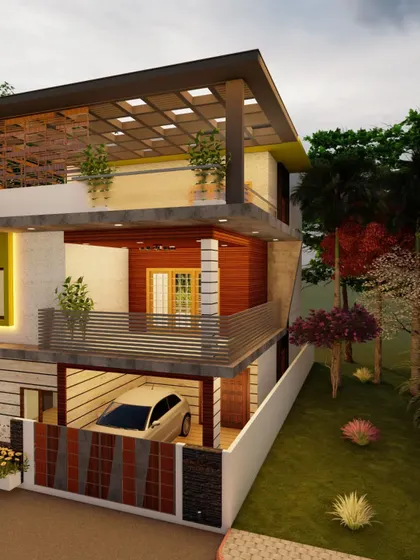 A corner-plot villa design featuring a wrap-around balcony and a rooftop pergola. The use of angled supports and mixed materials gives this home a distinctive, modern character.