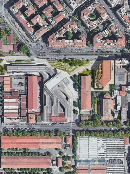 The masterplan for the MAXXI project, showing the new building and the reconfigured public landscape that connects it to the main museum.
