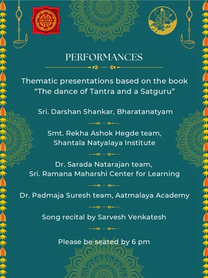 The list of performing troupes for the 'Guruvey Sharanam' cultural presentation. Our Centre was featured alongside several other esteemed institutions, presenting thematic dances based on spiritual texts.