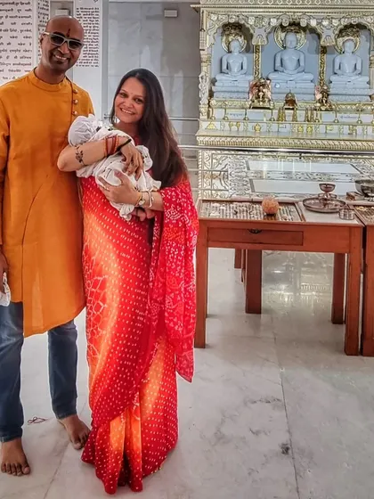 This photo marks 40 days postpartum for me and Kalindi. This ceremony marks the mother and baby's readiness to emerge from their cocoon and interact with the world again, strong enough to face it.