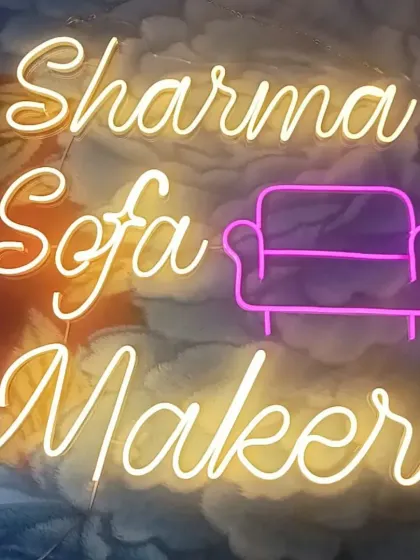 I can create custom neon signs for businesses or home decor. This sign for a "Sharma Sofa Maker" features their name and a cute sofa icon.