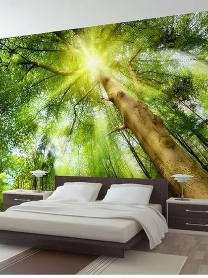 This bedroom installation of a sunlit forest mural creates a breathtaking view. Waking up to this scene can make you feel like you're starting your day in the heart of nature.