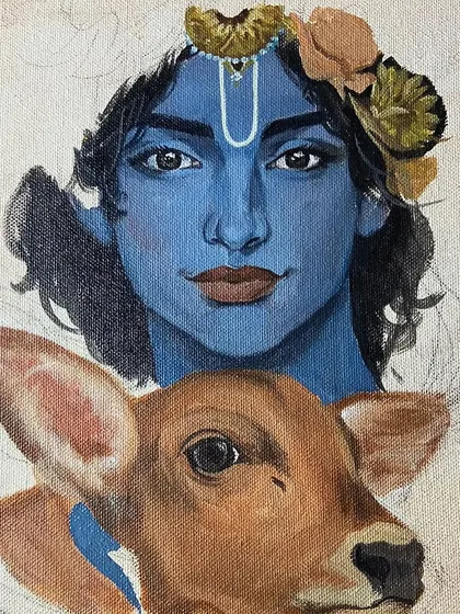 The painting in progress, showing the base layers of Krishna and the calf before the background and details were added.