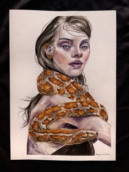 The full view of my "Wild lives in her soul" watercolor painting, presented against a dark background to make the colors pop.