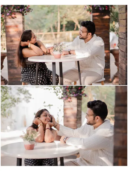 Two shots of the couple sharing a sweet, intimate moment at a cafe table, highlighting their gentle connection.