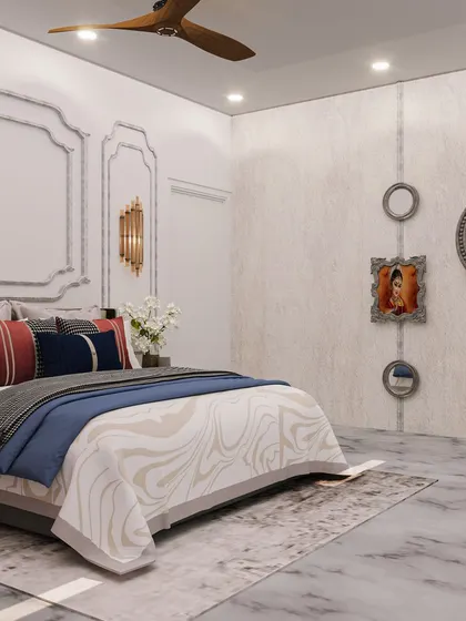 A wide shot of the bedroom, showing the gallery wall of mirrors and the elegant wall moldings that define the space.