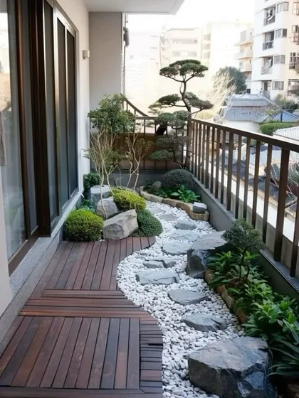A perfect zen garden retreat, right on your balcony. We combined natural wood decking with a winding pebble pathway and carefully placed bonsai and shrubs to create this peaceful escape from the city buzz.