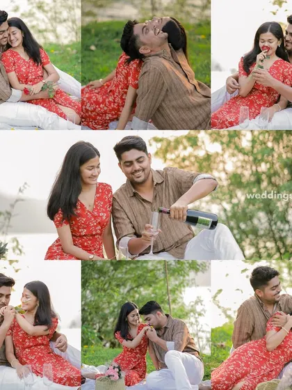 A comprehensive collage from a picnic-themed shoot, showing everything from popping champagne to sharing strawberries and lots of laughter.