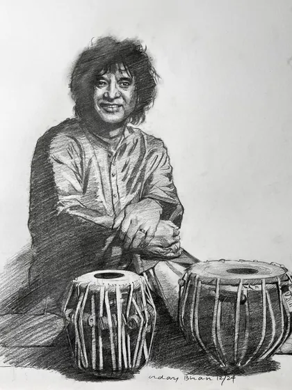 A heartfelt graphite tribute to the tabla maestro, Ustad Zakir Hussain. I wanted to capture him in his element, with his tabla, to honor the rhythm and soul he gave to the world.