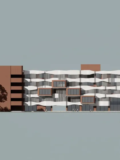 The full elevation render for Phase 1 of the AWE India School showcases the dynamic, wave-like facade of the primary wing, designed to be both playful and functional.
