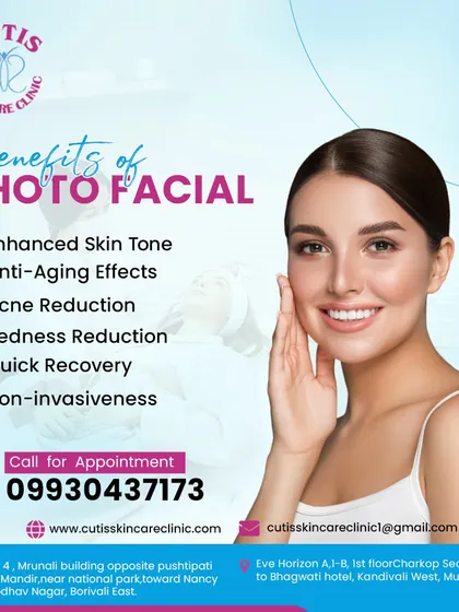 This graphic lists the many benefits of a Photo Facial, including enhanced skin tone, anti-aging effects, acne reduction, and redness control. It is a quick, non-invasive procedure with a fast recovery time, making it a popular choice for skin improvement.