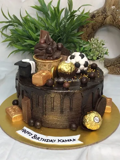 A front view of the decadent overloaded chocolate cake.
