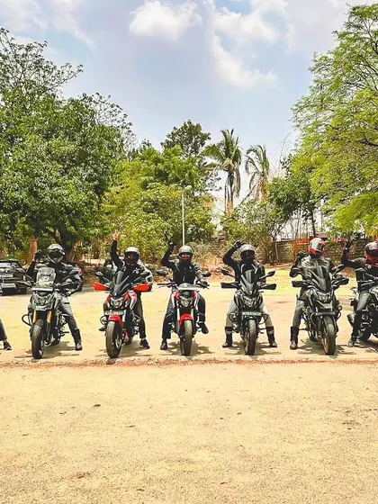 Another angle of our Dominars lined up for the 5th-anniversary ride, showcasing the variety of bikes in our club.