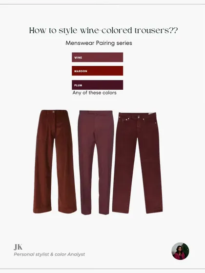 A duplicate image showing different styles of wine-colored trousers.