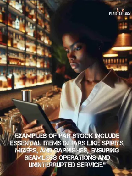 Examples of items included in PAR stock are essential spirits, mixers, and garnishes. Proper management ensures you never run out of what you need during a busy shift.