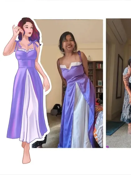 An illustration of a custom-made dress, showing how a design concept can be visualized and then brought to life. The photo next to it shows the final, real-life version.