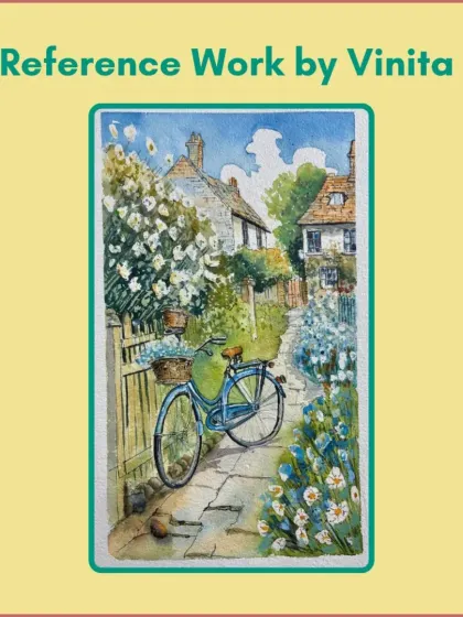 This is a beautiful reference artwork by our instructor, Vinita, for the advanced watercolor class, showcasing a charming country lane scene.