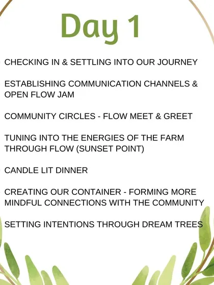 Another look at the Day 1 schedule for the Flow Fest. We start by checking in and settling into our journey together.