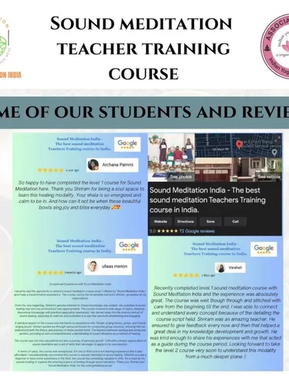 Join our Sound Meditation TTC and learn to share the gift of healing vibrations. This graphic includes student reviews and details for our upcoming course.