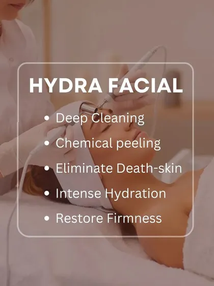 This graphic details the key benefits of a HydraFacial: deep cleaning, gentle chemical peeling, elimination of dead skin, intense hydration, and restoration of firmness.
