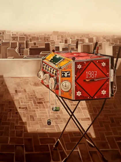 This surreal painting of a bioscope on a city rooftop is by an HK Kejriwal Young Artist Award winner. The award encourages artists who present unique perspectives on memory, time, and place.