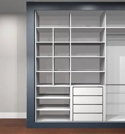 A 3D render of a wardrobe interior, which we use to help clients visualize their storage. This layout includes multiple compartments, drawers, and hanging sections.