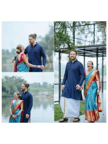 A collage of heartwarming moments between a couple in traditional South Indian attire, showcasing their love against a beautiful waterside backdrop.