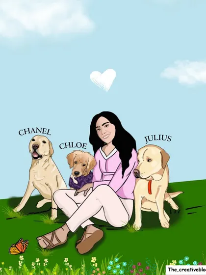 This illustration shows a girl surrounded by her three beautiful dogs. It was one of the first pieces I made using just my phone, and it reminds me that art is all about the love you put into it.