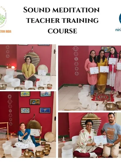 A collage of photos from our courses, announcing our collaboration with Nirakula Yoga for a Level 1 TTC. This is a great opportunity to gain comprehensive knowledge in sound meditation.
