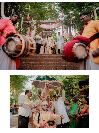 The groom's procession at The Peacock Grove. The traditional drummers and the groom's happy expression set the tone for a joyous celebration.