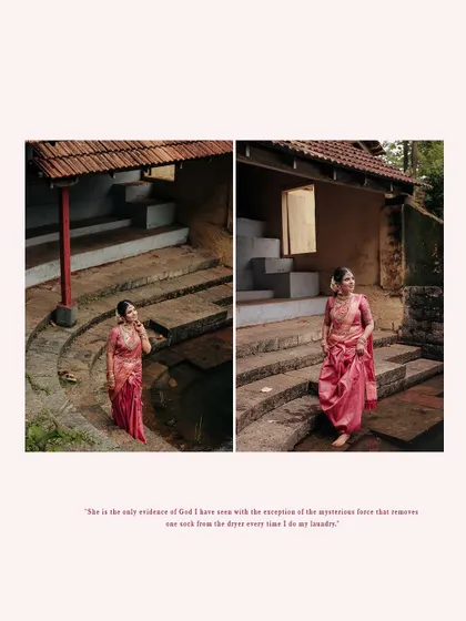 A collage showing the bride in a beautiful pink saree, posing in a traditional Kerala setting.
