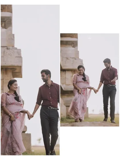A collage of a couple's vintage-themed pre-wedding shoot, capturing their romantic walk in a rustic setting.
