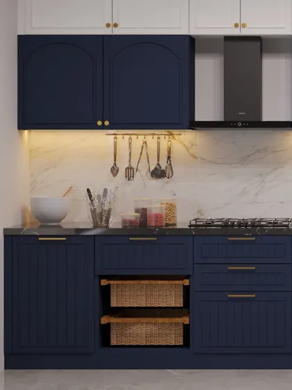 A render showing the cooking area of the navy blue kitchen, with a utensil rail and open wicker basket storage for a touch of rustic charm.