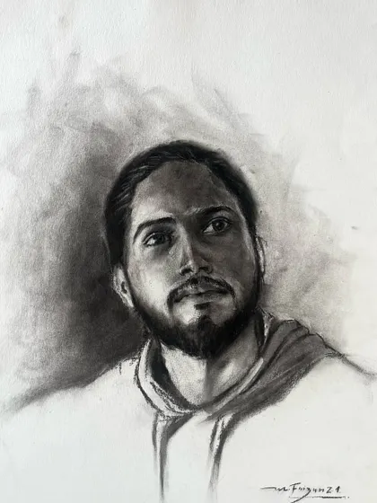 A live portrait done in charcoal. There's a special energy when you're drawing someone in person. This sketch captures the subject's personality through his direct gaze and subtle expression.